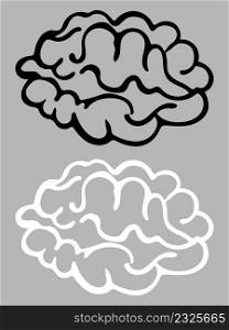 Stylized brain black and white. Hand drawn sketch of brain, symbol of thinking. Isolated vector illustration