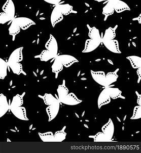 Stylized butterfly black and white seamless pattern. Vector illustration.