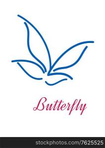 Stylized butterfly icon with a blue nd white doodle sketch of a flying butterfly abpove the text - Butterfly - in pink. Stylized butterfly icon