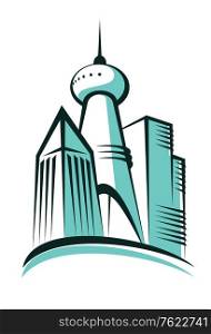 Stylized cartoon illustration of the skyline of a modern city with a tall communications or broadcasting tower topped with an antenna in the centre