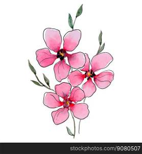 Stylized drawing of a flower. Line and watercolor flower bouquet. Colorful illustration of pink flowers, twigs and leaves on a white background.