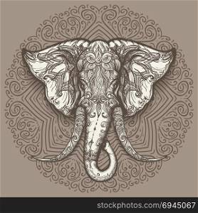 Stylized elephant head art on mandala background. Vector illustration.