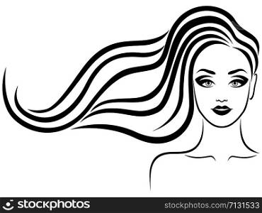 Stylized fashion woman with long hair and sensual face, black vector isolated on the white background for cosmetic products design