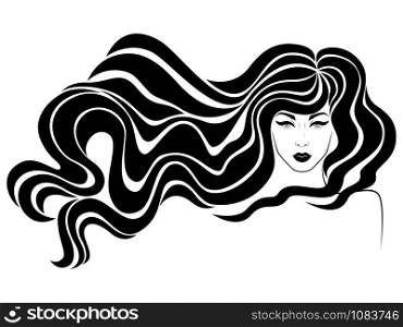 Stylized fashion woman with long hair in flow and sensual face, black illustration isolated on the white background for cosmetic products design