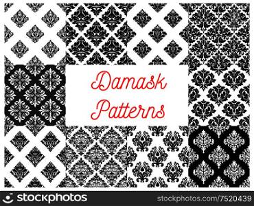Stylized floral damask seamless patterns. Vector decoration tiles with graphic flowery pattern. Elegant luxury baroque ornament backgrounds for design. Stylized floral damask seamless patterns