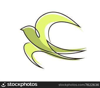 Stylized flying bird with outspread wings and tail in a flowing outline coloured green symbolic of peace and freedom