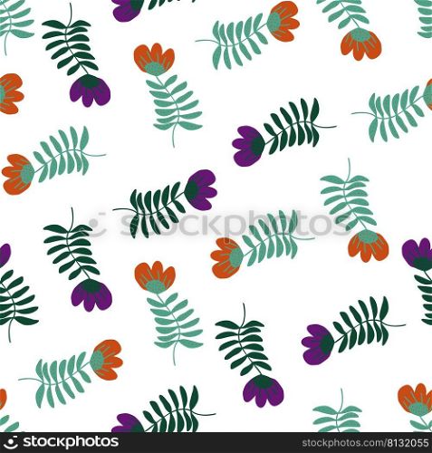 Stylized folk flower seamless pattern. Hand drawn elegant botanical background. Abstract doodle floral wallpaper. Scandinavian style. Design for fabric, textile, wrapping, cover. Vector illustration. Stylized folk flower seamless pattern. Hand drawn elegant botanical illustration.