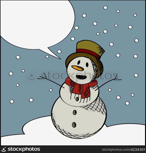 Stylized graphic of a smiling snowman with speech buble