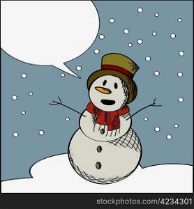 Stylized graphic of a smiling snowman with speech buble