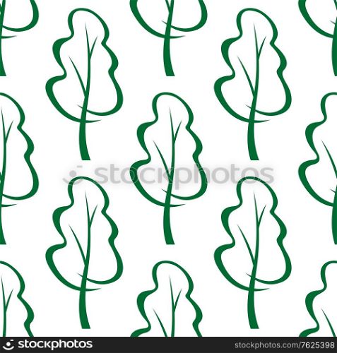 Stylized green trees sketch seamless background pattern with a repeat motif in square format for faric and textile, ecology or nature concept design