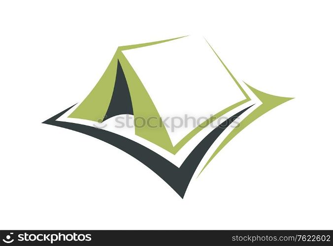 Stylized illustration of a small portable green tent with an opening in the front for enjoying an eco holiday out in nature