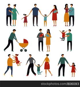 Stylized illustrations of happy family. Adults and kids. Vector family together father and mother. Stylized illustrations of happy family. Adults and kids