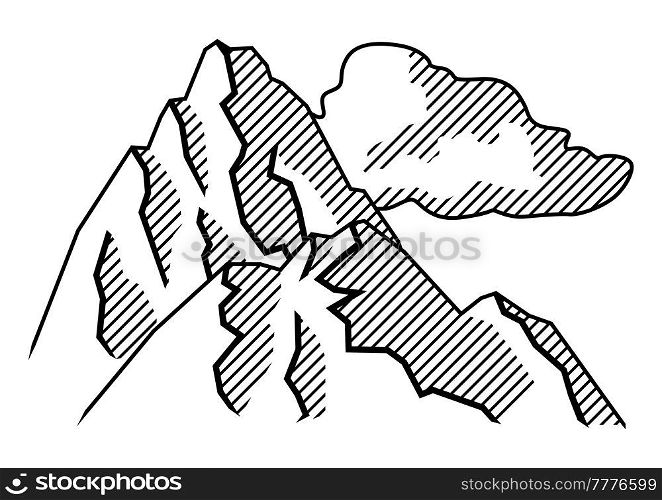 Stylized image of mountains. Natural scene illustration. Engraving style.. Stylized image of mountains. Natural illustration. Engraving style.