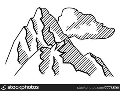Stylized image of mountains. Natural scene illustration. Engraving style.. Stylized image of mountains. Natural illustration. Engraving style.