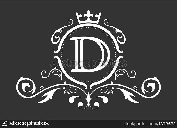 Stylized letter D of the Latin alphabet. Monogram template with ornament and crown for design of ials, business cards, logos, emblems and heraldry