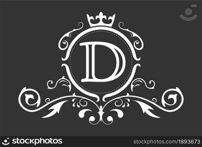 Stylized letter D of the Latin alphabet. Monogram template with ornament and crown for design of ials, business cards, logos, emblems and heraldry