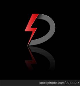 Stylized letter D with lightning and a semicircle with reflection. Illustration for badge, icon, sticker or badge. Design template. Vector illustration