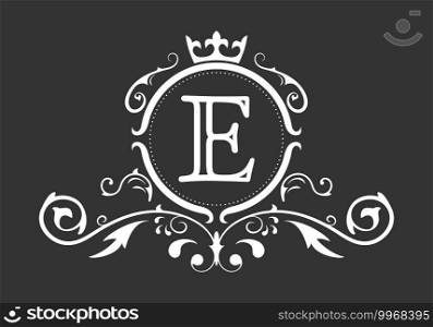 Stylized letter E of the Latin alphabet. Monogram template with ornament and crown for design of ials, business cards, logos, emblems and heraldry. Vector illustration