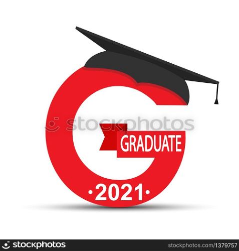Stylized letter G with the inscription Graduate 2021 and the graduate cap. Simple stock design isolated on a white background for design and decoration