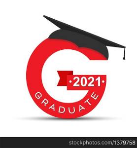 Stylized letter G with the inscription Graduate 2021 and the graduate cap. Simple stock design isolated on a white background for design and decoration