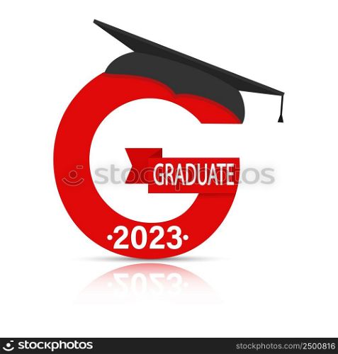 Stylized letter G with the inscription Graduate 2023 and the graduate cap. Simple stock design isolated on a white background for design and decoration
