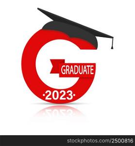 Stylized letter G with the inscription Graduate 2023 and the graduate cap. Simple stock design isolated on a white background for design and decoration