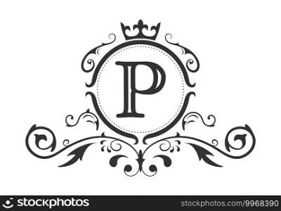 Stylized letter P of the Latin alphabet. Monogram template with ornament and crown for design of ials, business cards, logos, emblems and heraldry. Vector illustration