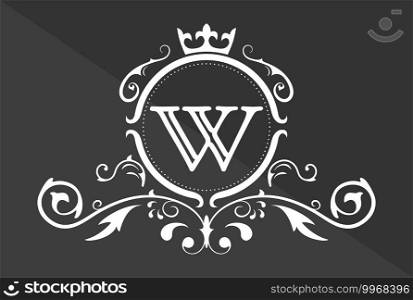 Stylized letter W of the Latin alphabet. Monogram template with ornament and crown for design of ials, business cards, logos, emblems and heraldry. Vector illustration