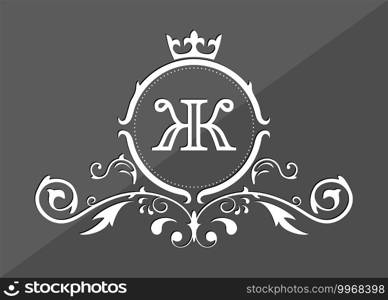 Stylized letter W of the Russian alphabet. Monogram template with ornament and crown for design of initials, business cards, logos, emblems and heraldry. Vector illustration