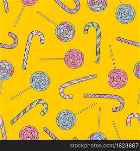 Stylized lollipops on yellow background. Colorful pattern for the design of textiles, kitchen tools, web design, packaging and wrapping paper, surface design. Stylized lollipops on yellow background.
