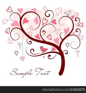 stylized love tree made of hearts with two birds