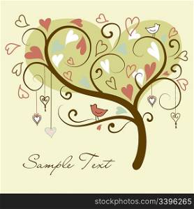 stylized love tree made of hearts with two birds