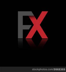 Stylized lowercase letters F and X in red and black connected by a single line for logo, monogram and creative design. Vector illustration isolated on black.