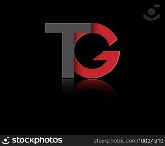 Stylized lowercase letters T and G in red and black connected by a single line for logo, monogram and creative design. Vector illustration isolated on black.