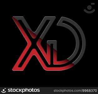 Stylized lowercase letters X and D in red and black connected by a single line for logo, monogram and creative design. Vector illustration isolated on black.