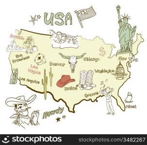 Stylized map of America. Things that different Regions in USA are famous for.
