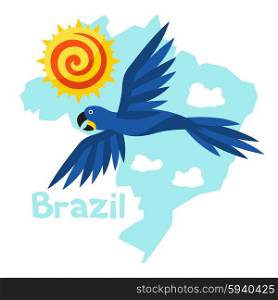 Stylized map of Brazil with sun and macaw parrot. Stylized map of Brazil with sun and macaw parrot.