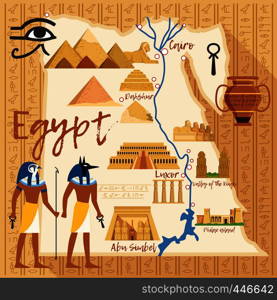 Stylized Map of Egypt with different cultural objects and landmarks. Egypt map travel with ancient landmark sphinx and pyramid. Vector illustration. Stylized Map of Egypt with different cultural objects and landmarks