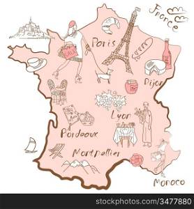 Stylized map of France. Things that different Regions in France are famous for.