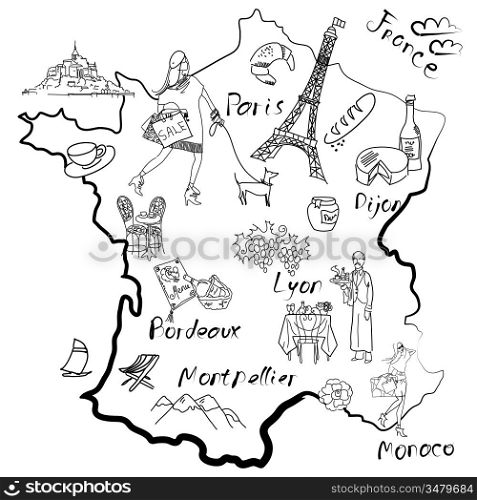 Stylized map of France. Things that different Regions in France are famous for.