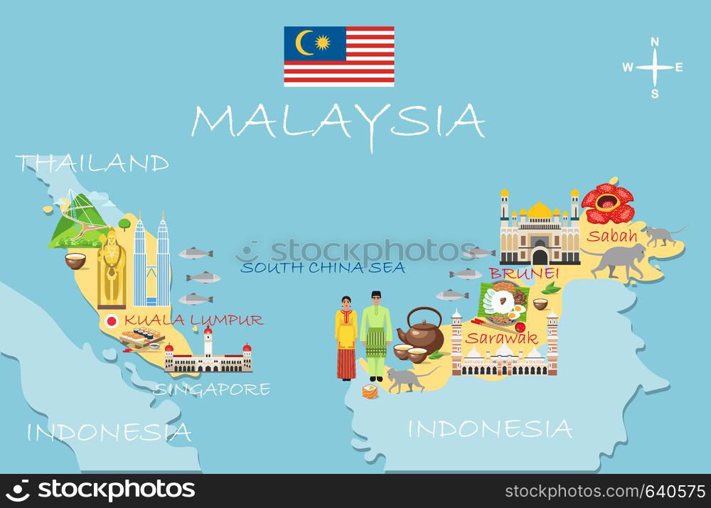 Stylized Map Of Malaysia. Travel Illustration With Malaysian Landmarks ...