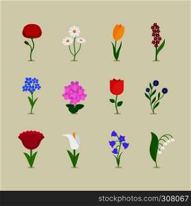 Stylized mod flowers icons set. Vector illustration. . Stylized mod flowers
