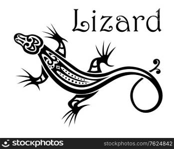 Stylized modern black and white calligraphic Lizard icon with a swirling tail and the text - Lizard - above. Lizard icon