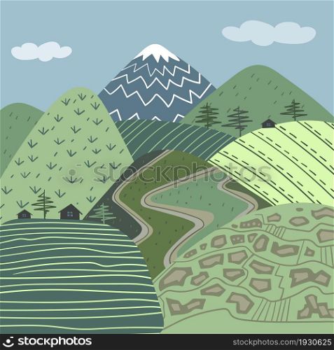 Stylized montain landscape in summer. Vector illustration.