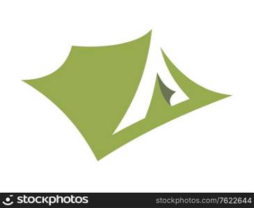 Stylized open pitched tent design or icon in green , simple silhouette illustration on white