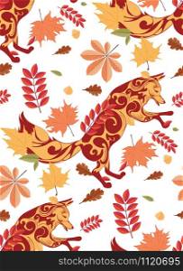 Stylized ornamental fox in a jump pose with autumn leaves illustration.