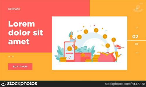 Stylized people sending payment and receiving money isolated flat vector illustration. Cartoon tiny woman with wallet and coins. Remittance, bank and financial transactions concept