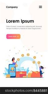 Stylized people sending payment and receiving money isolated flat vector illustration. Cartoon tiny woman with wallet and coins. Remittance, bank and financial transactions concept