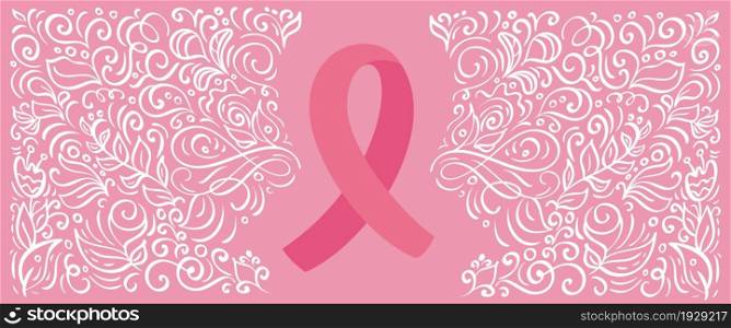 Stylized pink vector banner ribbon of Breast Canser for October is Cancer Awareness Month. Calligraphy illustration on pink flourish background.. Stylized pink vector banner ribbon of Breast Canser for October is Cancer Awareness Month. Calligraphy illustration on pink flourish background