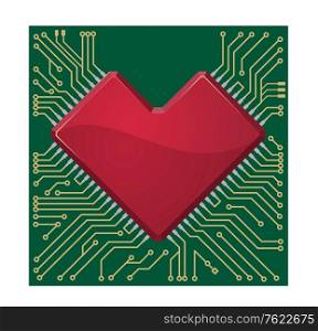 Stylized red heart shape on a circuit board for a specialist Valentines message for a loved one